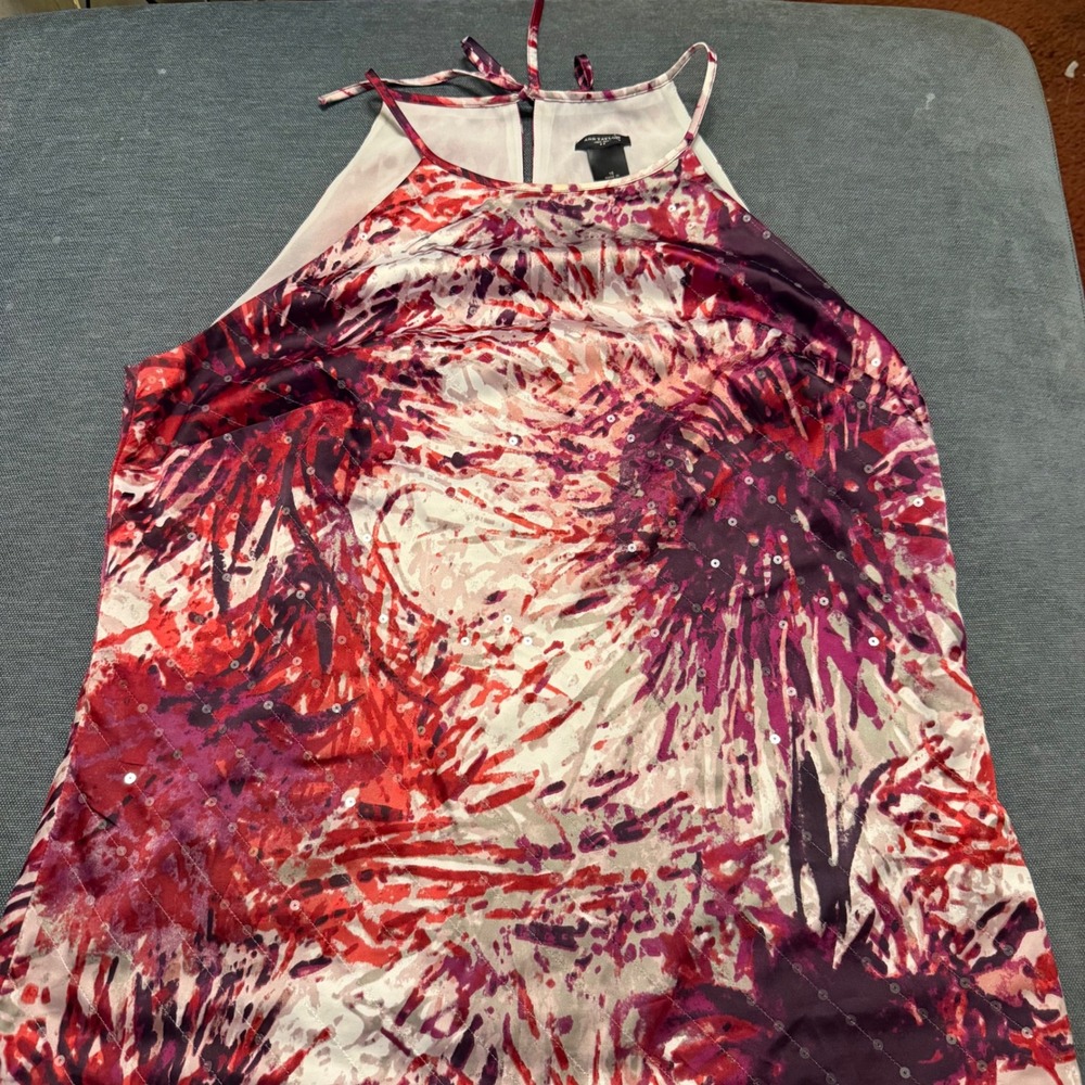 Ann Taylor Red Purple Abstract Floral Sequin Halter Top Blouse Size 16
